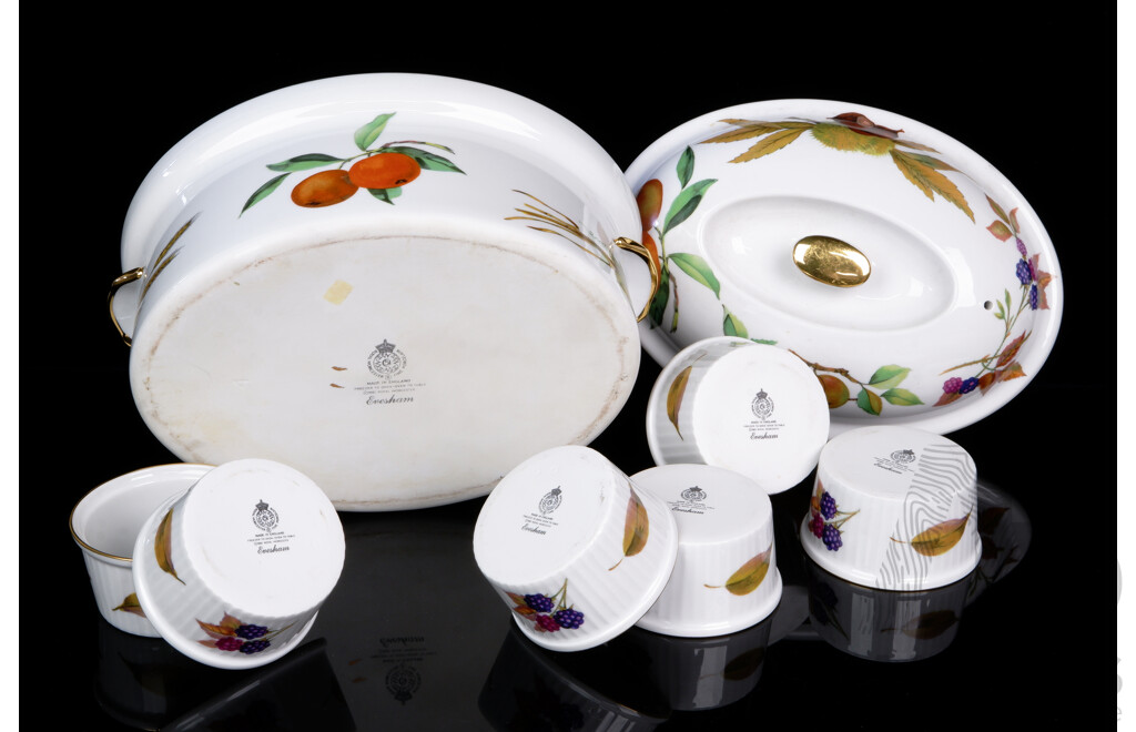 Vintage Royal Doulton Lidded Tureen and Set Six Ramekins in Evesham Pattern