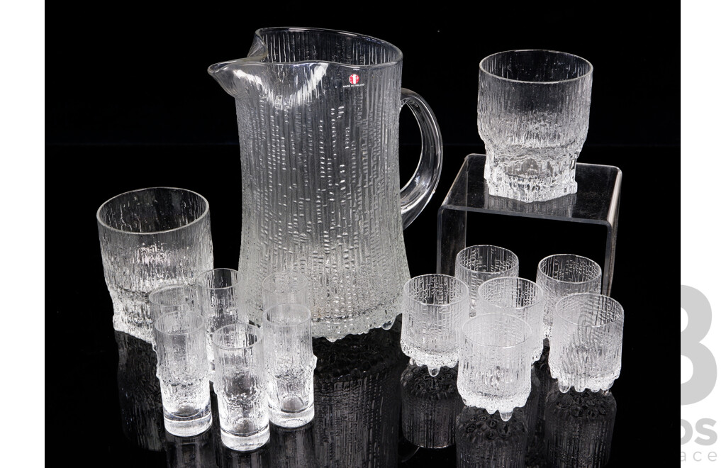 Mid Century Iittala Ultima Thule Pitcher and Glasses in Three Different Sizes