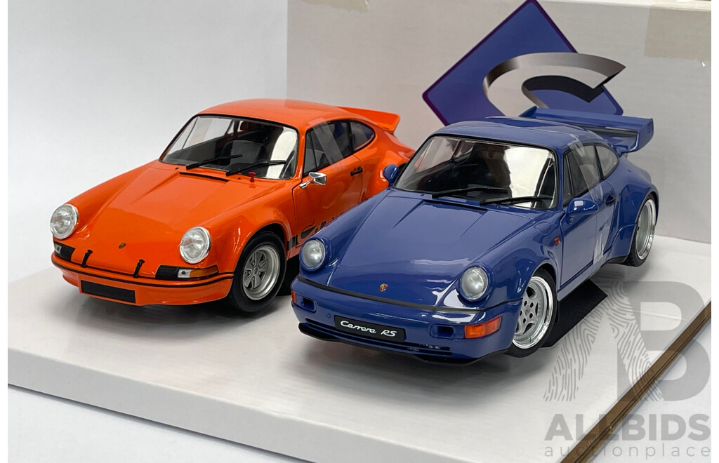 Solido Porsche Twin Pack with Porsche 911 RSR Orange & Porsche 911 964 RS Blue 1:18 Scale Model Cars