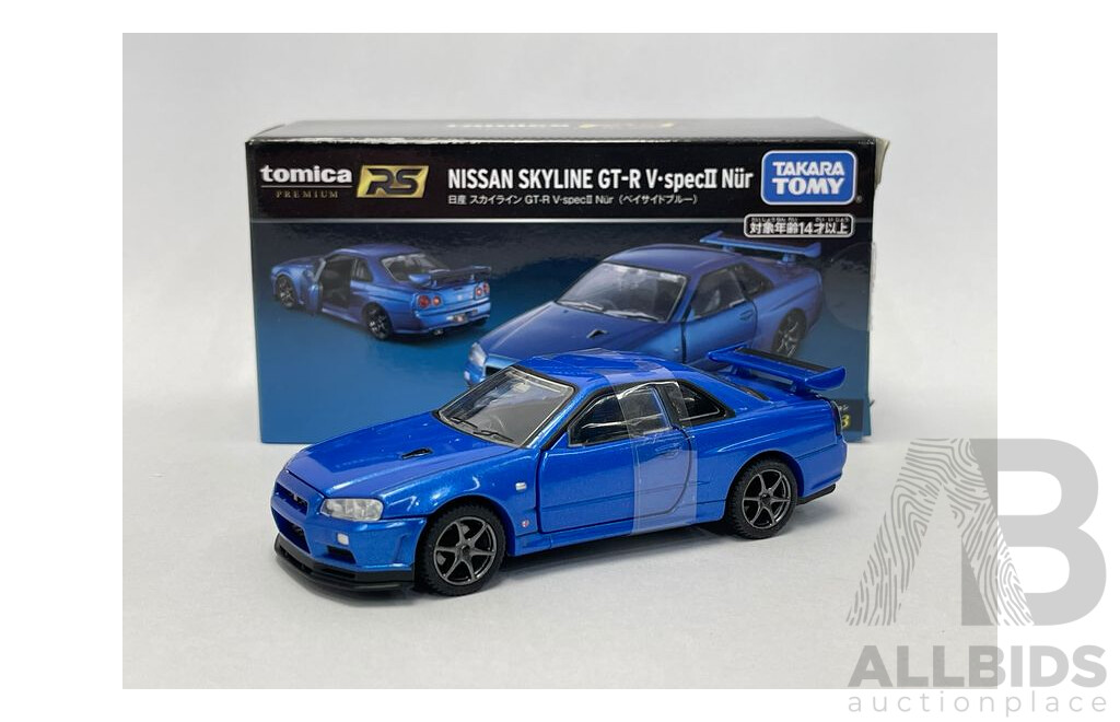 TAKARA TOMY Tomica Premium RS Nissan Skyline R34 GT-R V.spec II Nur Bayside Blue Scale 1:43 Car - New