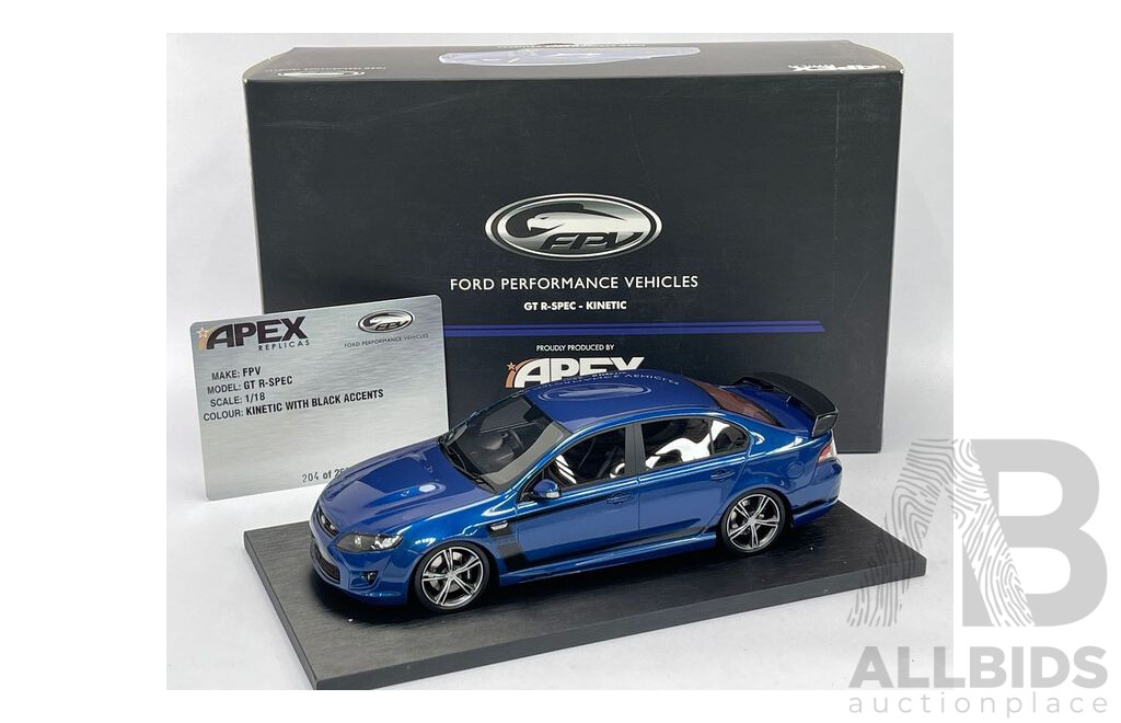 Apex Replicas Kinetic Blue with Black Accents Ford FPV GT R-Spec -204/252- 1:18 Scale Model Car