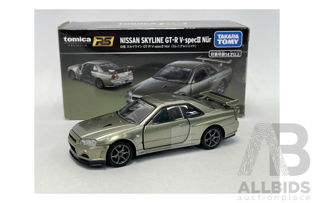 TAKARA TOMY Tomica Premium RS Nissan Skyline R34 GT-R V.spec II Nur Millennium Jade Scale 1:43 Car - New