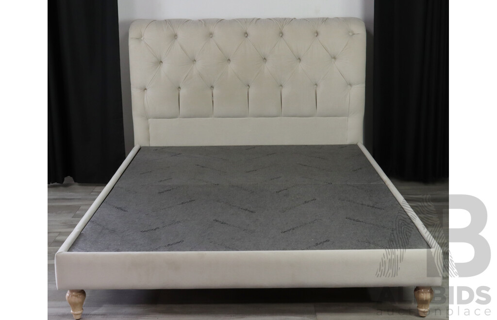 Beige Buttoned Velvet Double Bed Frame by Design Furniture