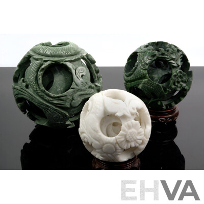 Collection Three Chinese Soft Stone Puzzle Balls Including Large Seven Sphere Example, White Stone Example and More