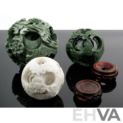 Collection Three Chinese Soft Stone Puzzle Balls Including Large Seven Sphere Example, White Stone Example and More