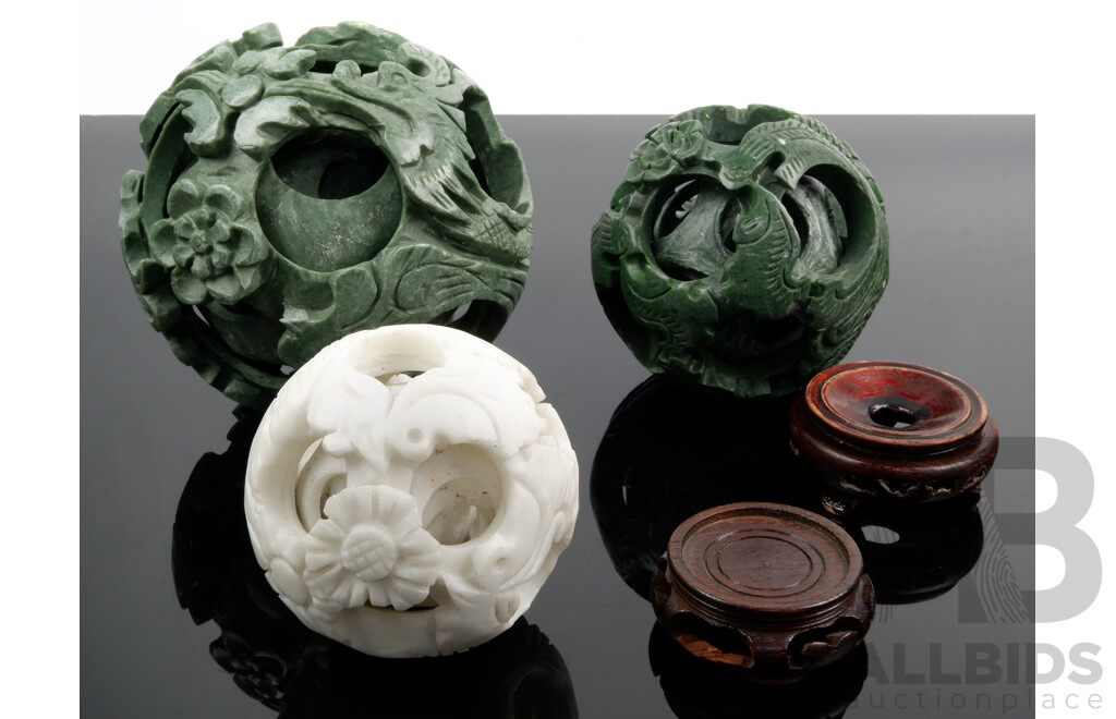 Collection Three Chinese Soft Stone Puzzle Balls Including Large Seven Sphere Example, White Stone Example and More