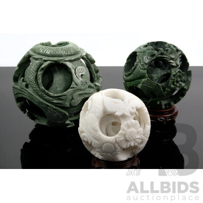 Collection Three Chinese Soft Stone Puzzle Balls Including Large Seven Sphere Example, White Stone Example and More