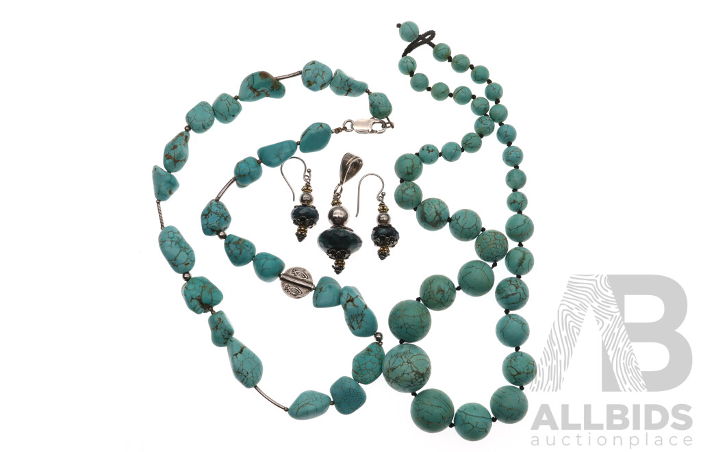 Silver Faceted Rough Emerald Pendant & Earrings with (2) Turquoise Stone Necklaces