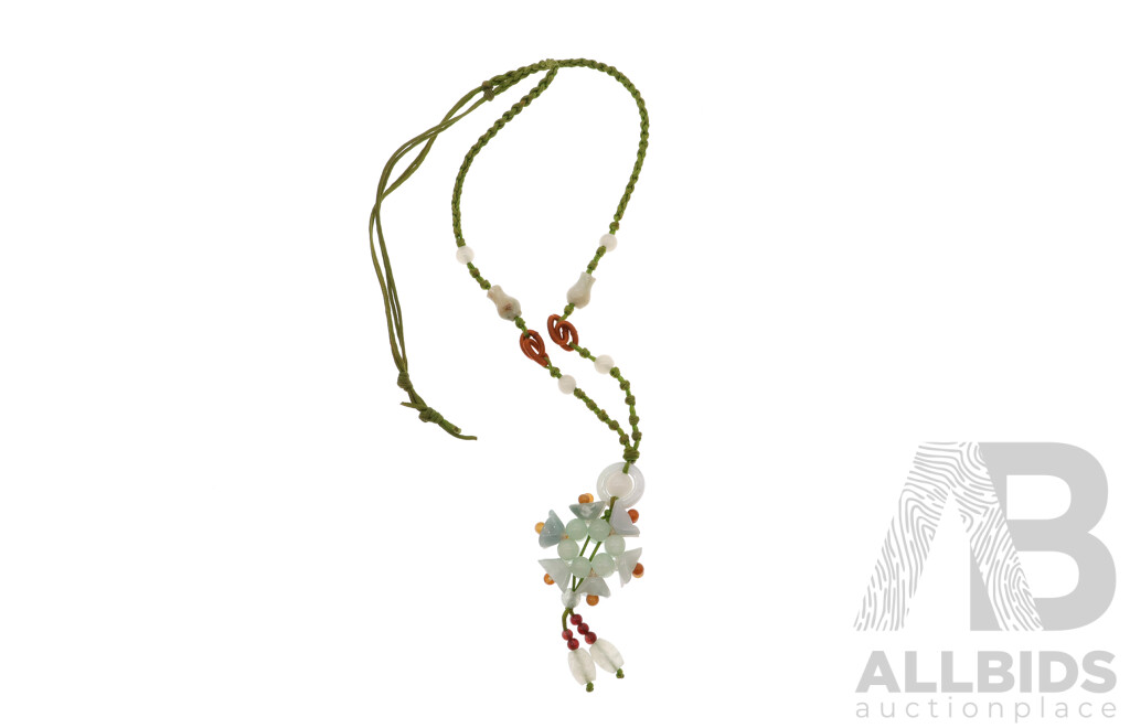 Beautiful Soft Coloured Natural Jade Beaded Drop Pendant on Green Corded Necklace, 66cm