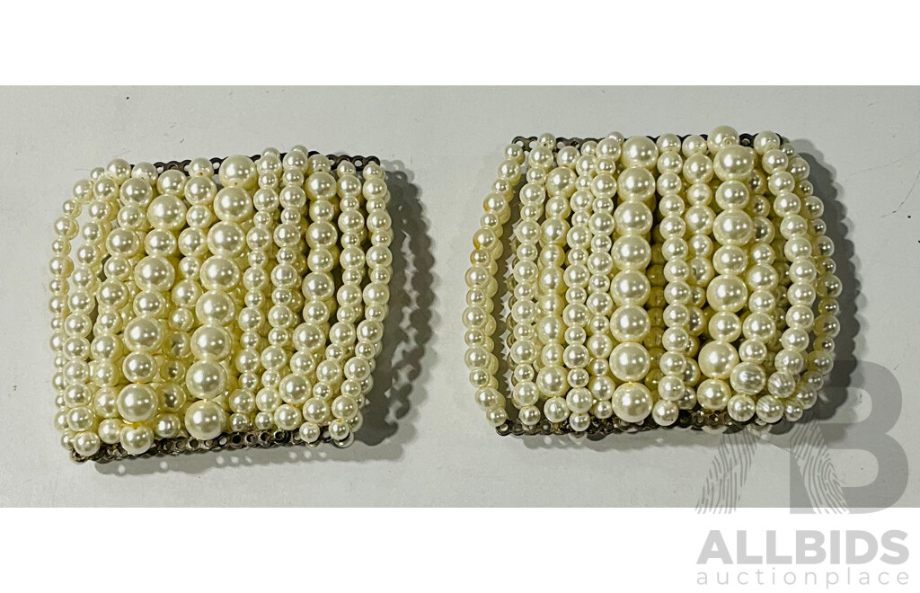 Vintage (2) Matching Glass Pearl Multi Row Cuff Arm Bands, 85mm Wide, 65mm Internal Diameter with Stretch.