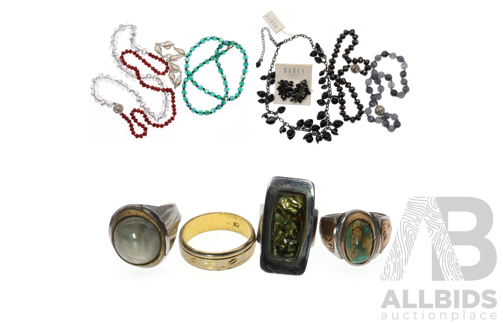 Collection of Vintage Jewellery Items Including Rings, Natural Stone & Glass Beads, BARCS and Caged FW Cultured Pearl Bracelet