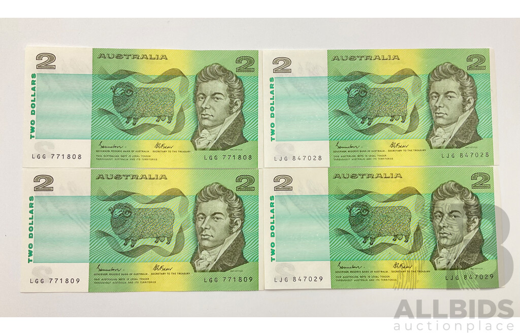 Australian Two Dollar Notes Including UNC 1985 Johnston/Fraser Consecutive LGG 771808-LGG 771809 and LJG 847028- LJG 847029