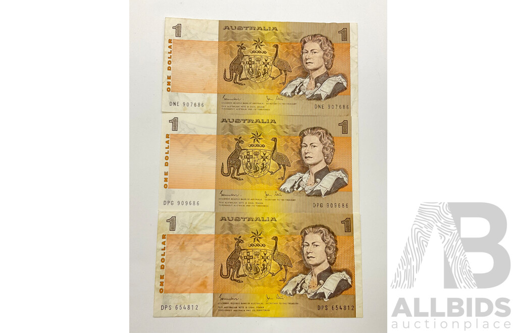 Australian One Dollar Notes Including 1982 Johnston/Stone Last Prefix DPS 654812 with DNE and DPG