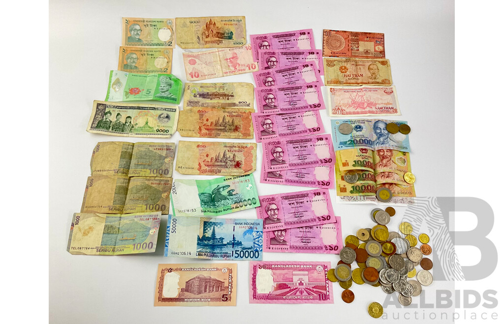 Collection of International Bank Notes and Coins Including Malaysia, Indonesia, Bangladesh, Euros, Singapore and More