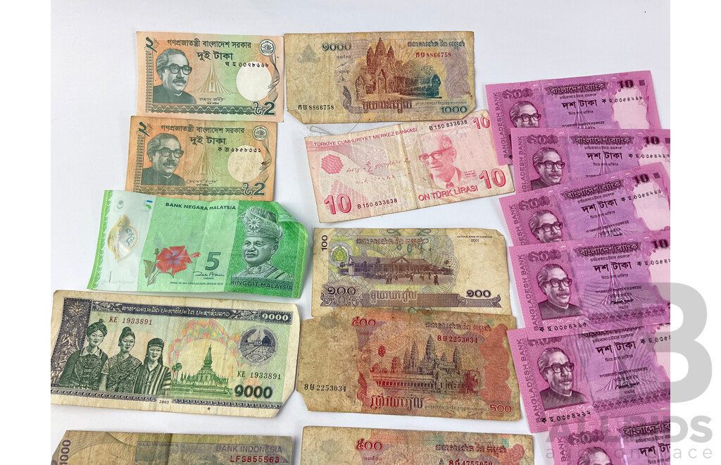 Collection of International Bank Notes and Coins Including Malaysia, Indonesia, Bangladesh, Euros, Singapore and More