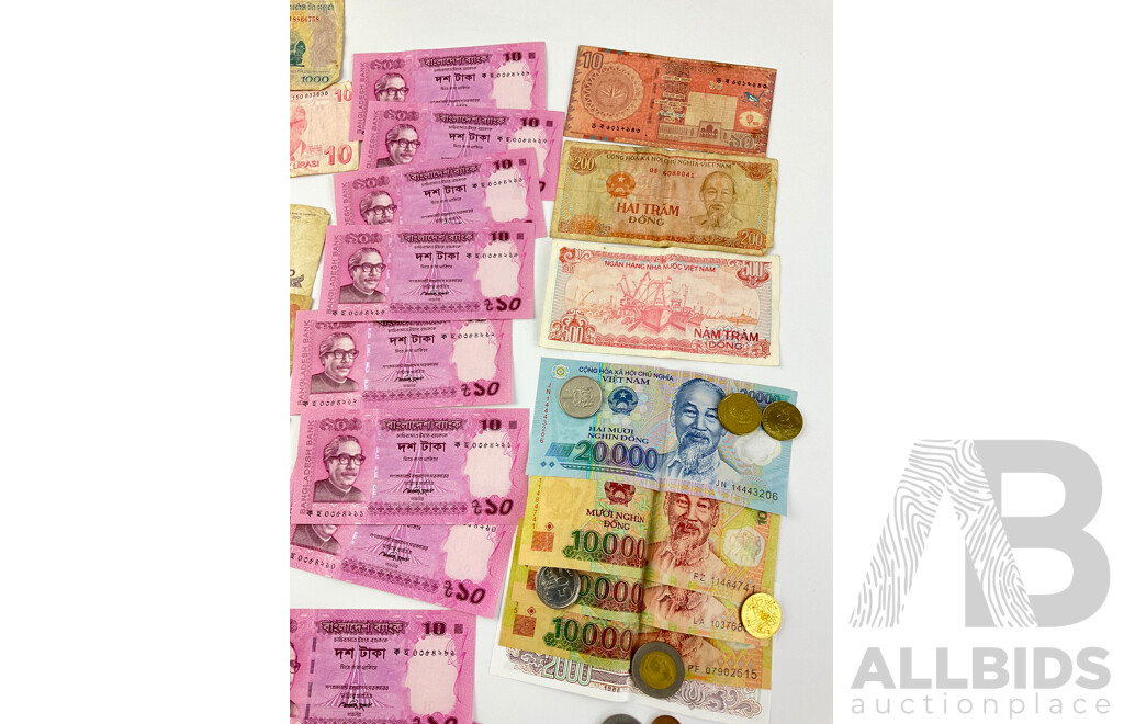 Collection of International Bank Notes and Coins Including Malaysia, Indonesia, Bangladesh, Euros, Singapore and More