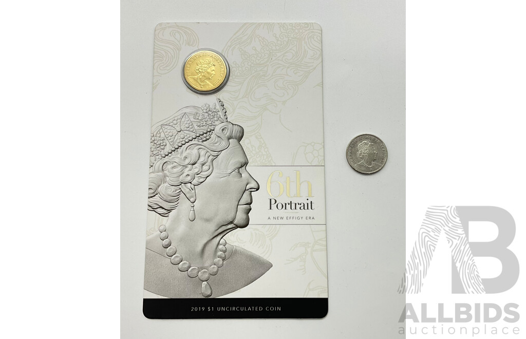 Australian RAM One Dollar Coin, 6th Portrait with 2021 Ten Cent Low Mint Jody Clark Obverse Design