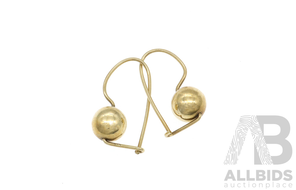 9ct Yellow Gold 8mm Euro Ball Earrings with Hook Clasp, 20mm Long, 1.65 Grams