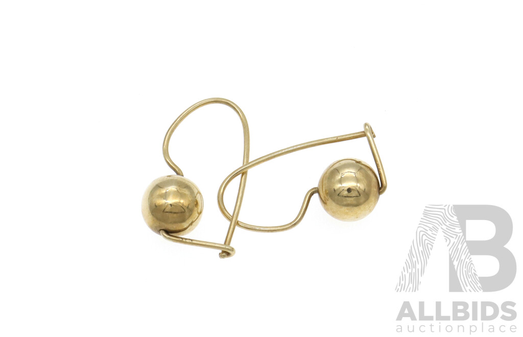 9ct Yellow Gold 8mm Euro Ball Earrings with Hook Clasp, 20mm Long, 1.65 Grams