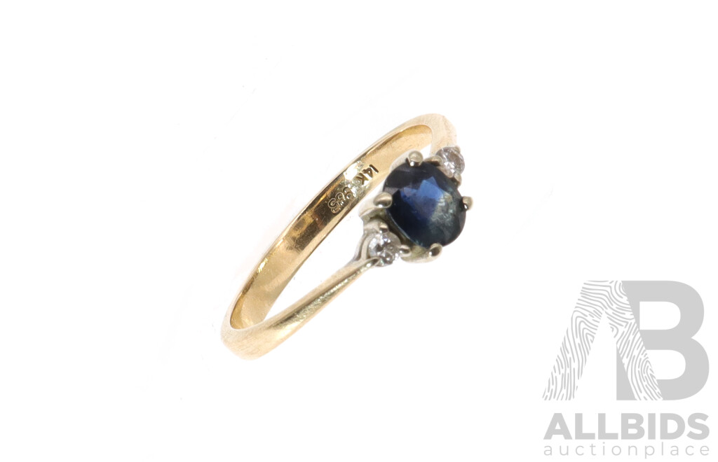 14ct Natural Corundum Sapphire (0.67ct) & Diamond (0.06ct) Ring, Size N, 2.10 Grams