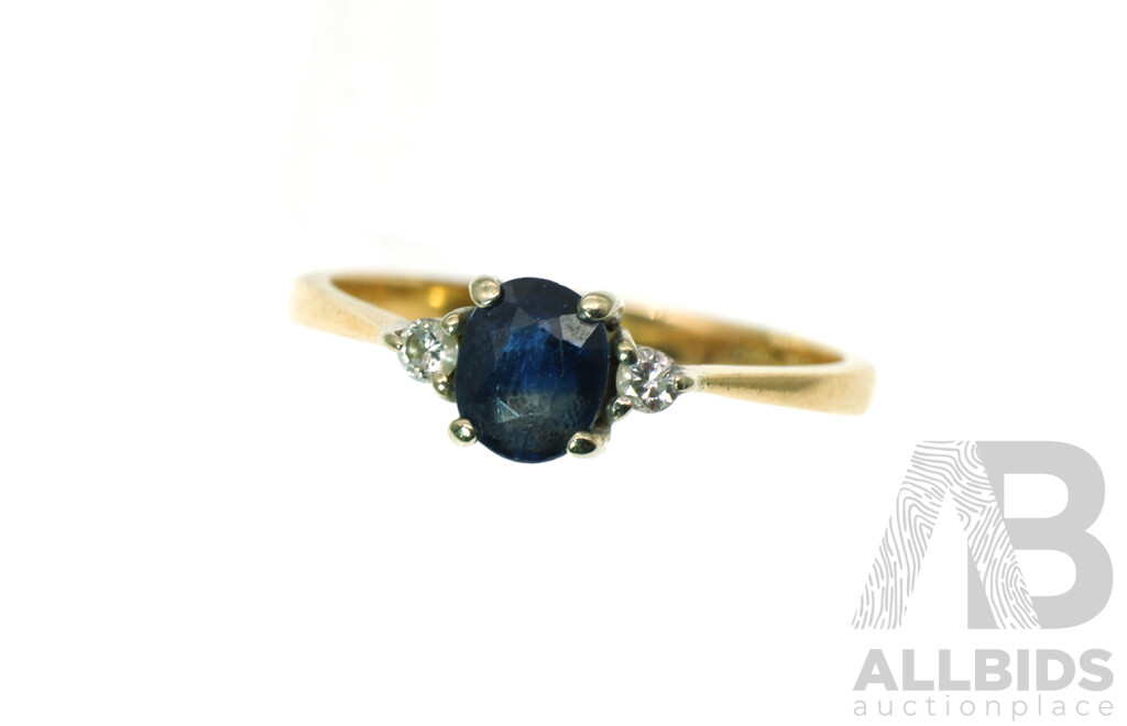 14ct Natural Corundum Sapphire (0.67ct) & Diamond (0.06ct) Ring, Size N, 2.10 Grams