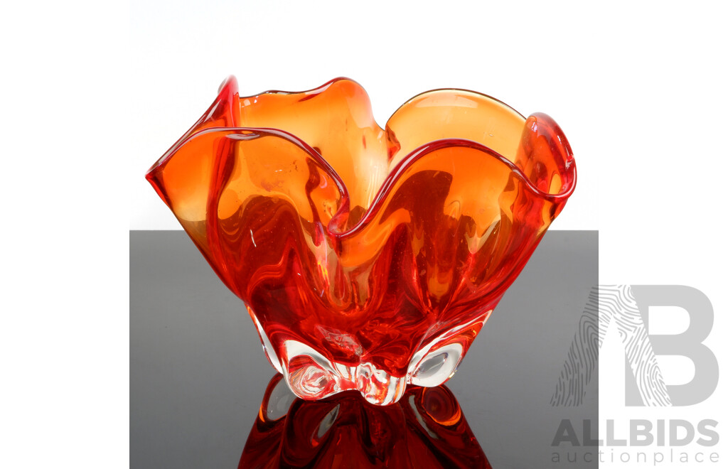 Large Art Glass Translucent Orange Bowl with Folded Form