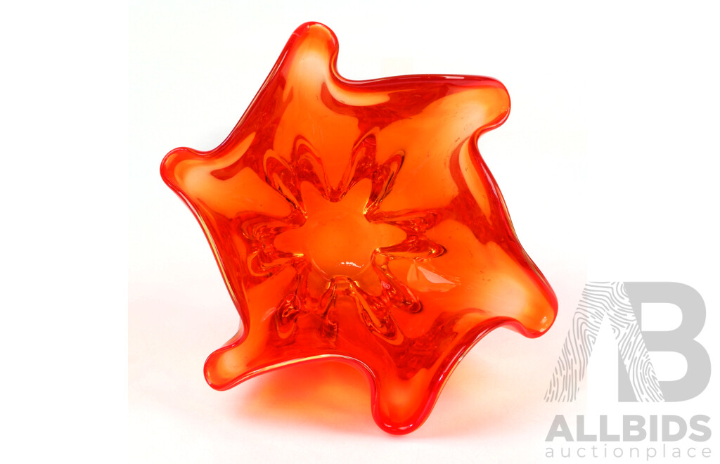 Large Art Glass Translucent Orange Bowl with Folded Form