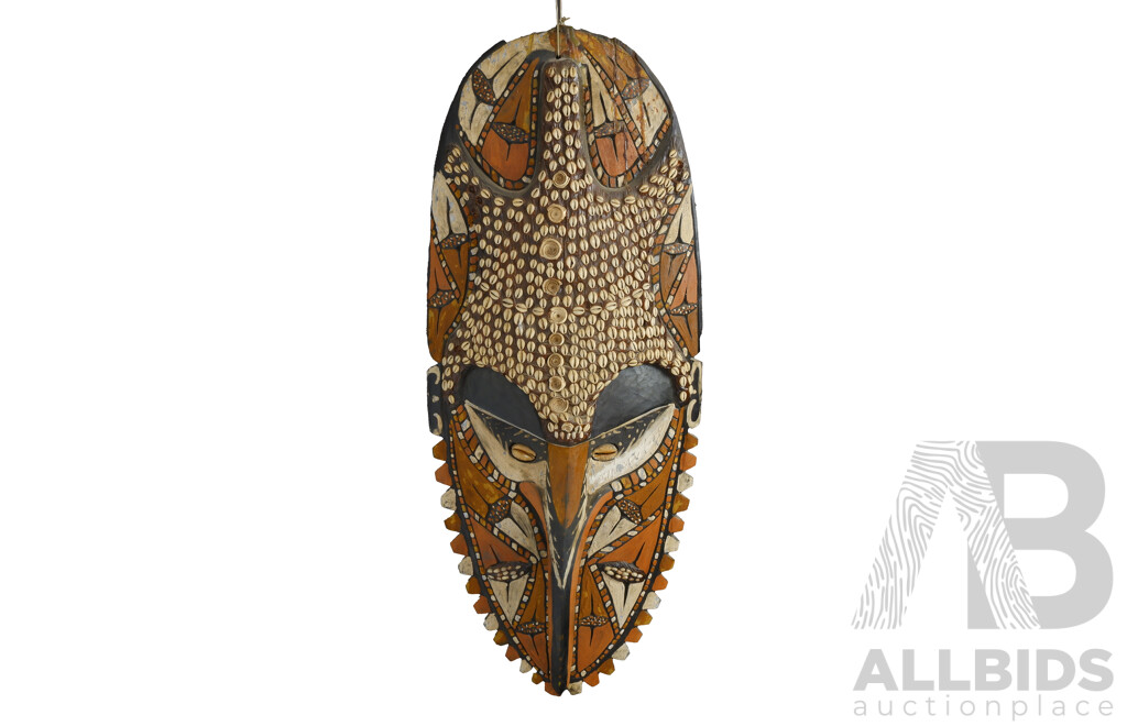 Large PNG Sepik River Wooden Mask with Polychrome Decoration and Cowrie Shell Detail