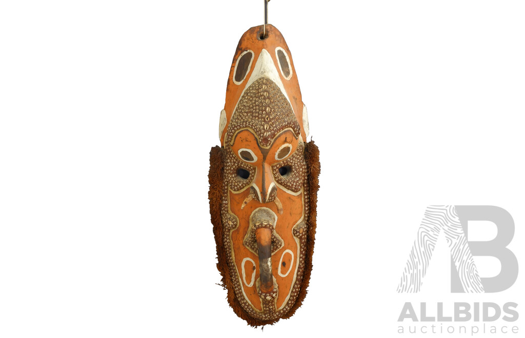 Large PNG Sepik River Wooden Mask with Polychrome Decoration, Boars Tusk Nose Decoration, Cowrie Shell Detail and Fibre Rim