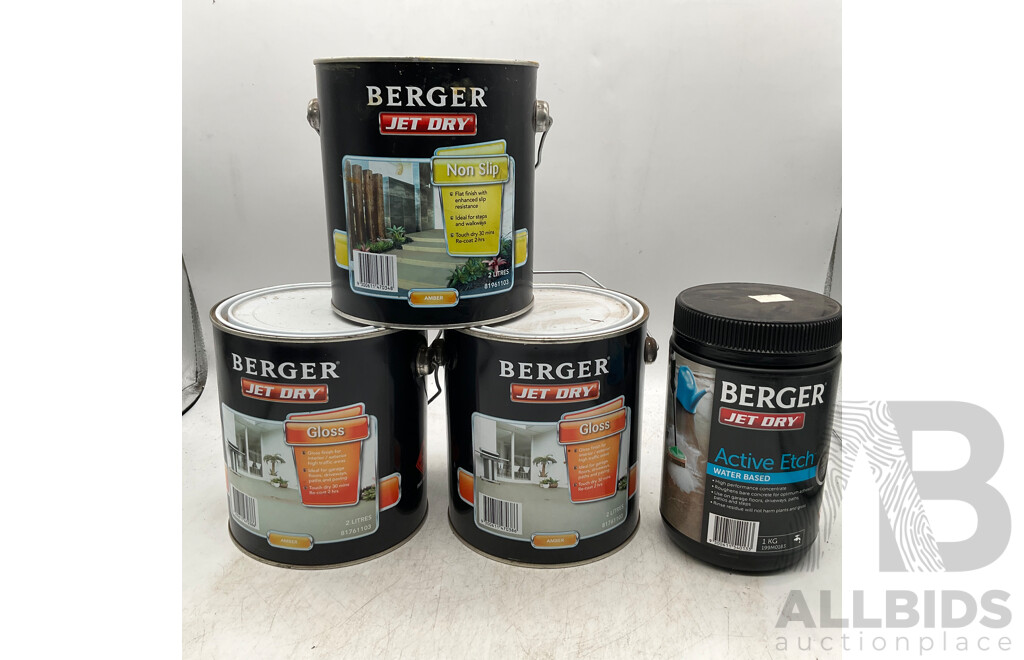 BERGER Jet Dry Gloss Amber 2L & Non Slip Amber 2L & Active Etch Water Based 1KG - Lot of 4