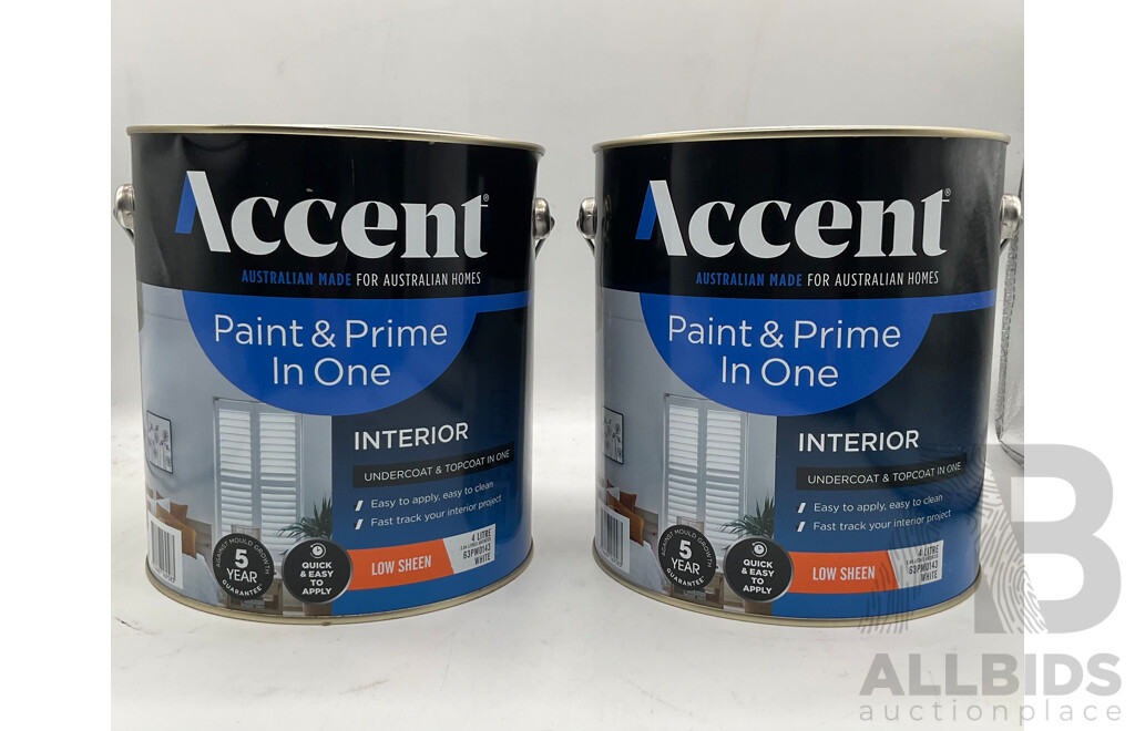 ACCENT Interior Paint & Prime in One Low Sheen White 4L - Lot of 2