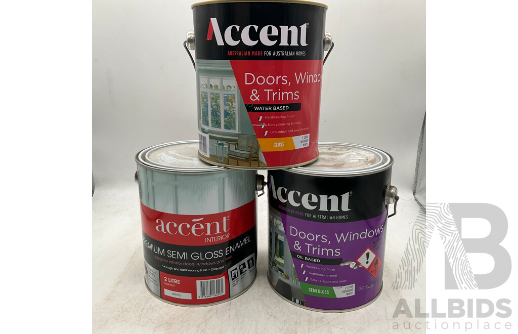 ACCENT Interior Doors,Windows & Trims - Oil Based SEMI GLOSS / Water Based GLOSS - White 2L - Lot of 3