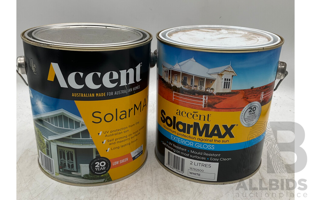 ACCENT SolarMAX Low Sheen Extra Deep 2L & Exterior Gloss White 2L - Lot of 2