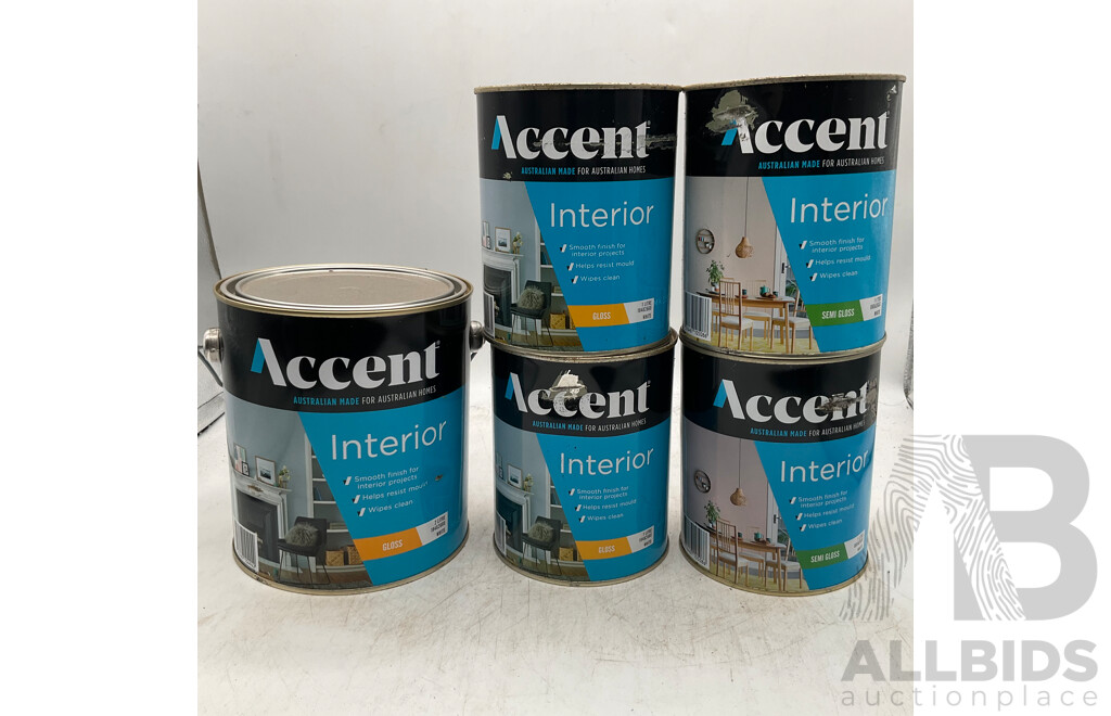 ACCENT Interior Gloss White 2L/1L & Semi Gloss White 1L - Lot of 5