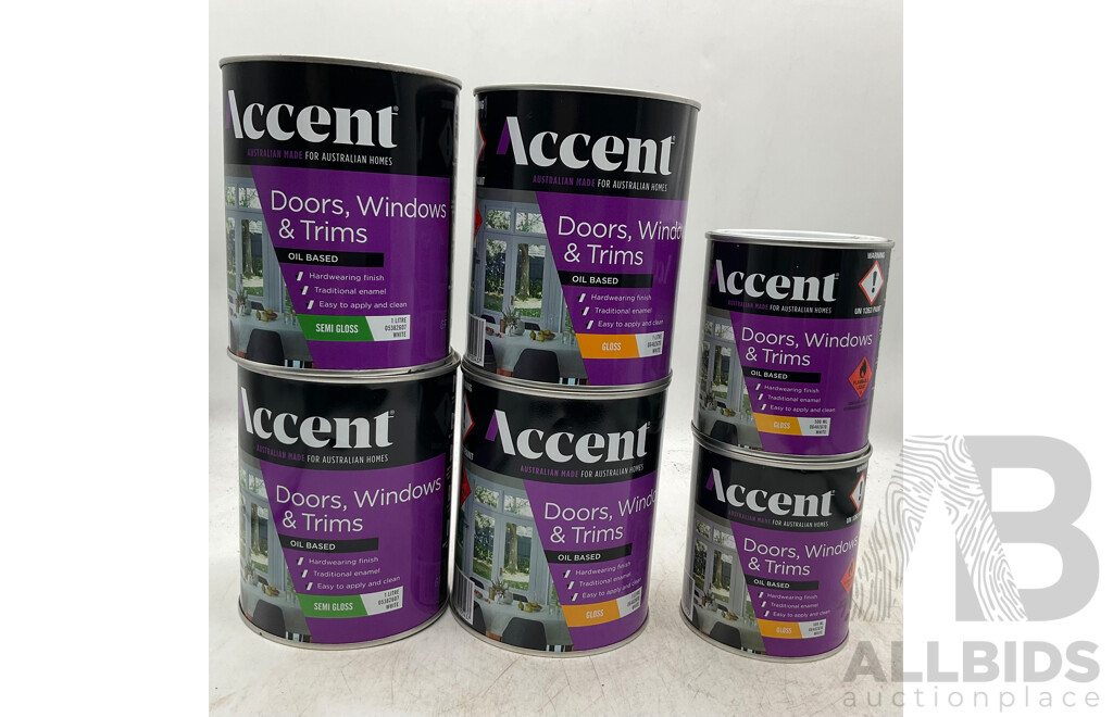 ACCENT Doors, Windows & Trims Oil Based Gloss White 1L & 500ml & Semi Gloss White 1L - Lot of 6