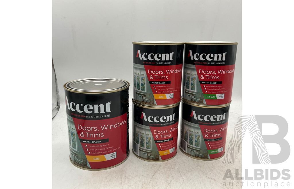 ACCENT Doors, Windows & Trims Water Based Gloss White 1L & 500ml & Semi Gloss White 500ml - Lot of 5