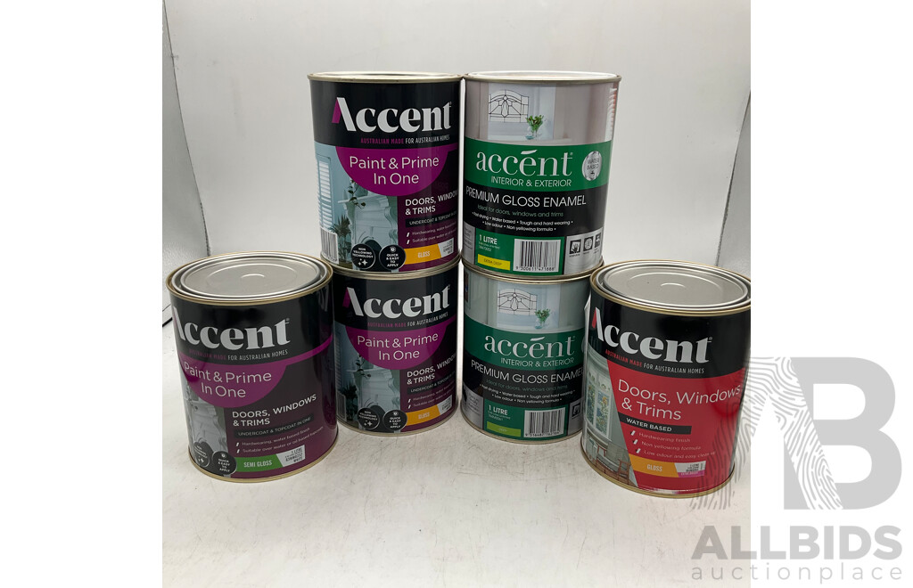 ACCENT Assorted of Doors, Windows and Trims Gloss/Semi Gloss - White/Extra Deep/Deep/Extra Bright - 1L- Lot of 6