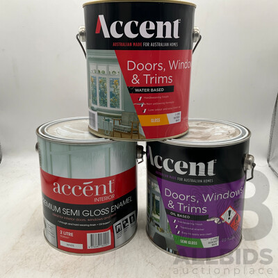 ACCENT Interior Doors,Windows & Trims - Oil Based SEMI GLOSS / Water Based GLOSS - White 2L - Lot of 3