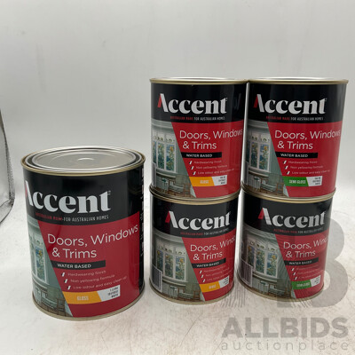 ACCENT Doors, Windows & Trims Water Based Gloss White 1L & 500ml & Semi Gloss White 500ml - Lot of 5