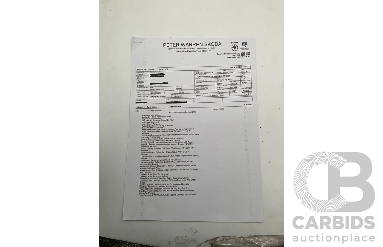 1/2014 Skoda Octavia RS 162 TSI NE MY15 4d Wagon White Turbo 2.0L
