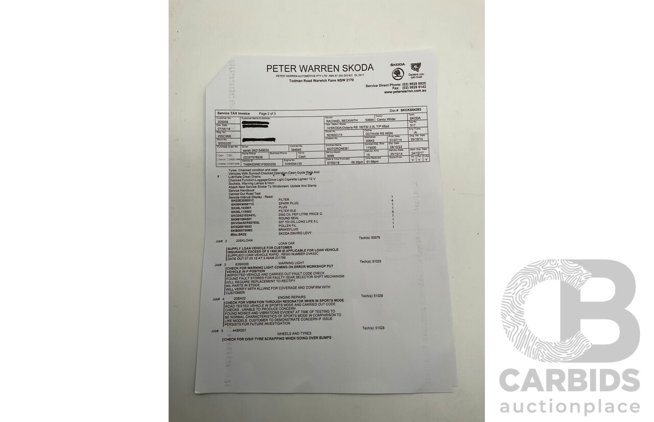 1/2014 Skoda Octavia RS 162 TSI NE MY15 4d Wagon White Turbo 2.0L