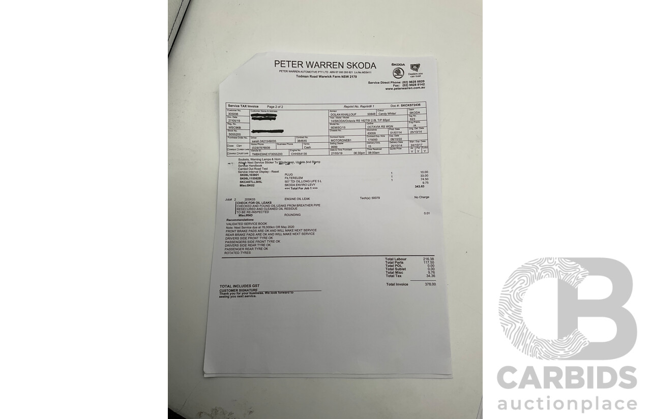 1/2014 Skoda Octavia RS 162 TSI NE MY15 4d Wagon White Turbo 2.0L