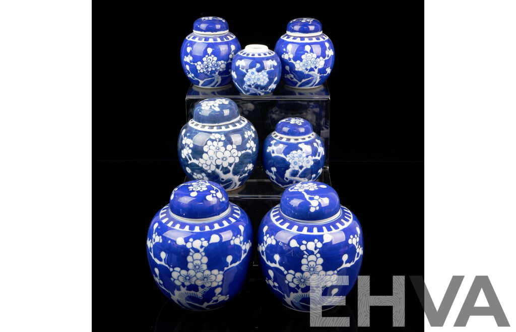 Collection Japanese Blue and White Lidded Ginger Jars with Cherry Blossom Motif