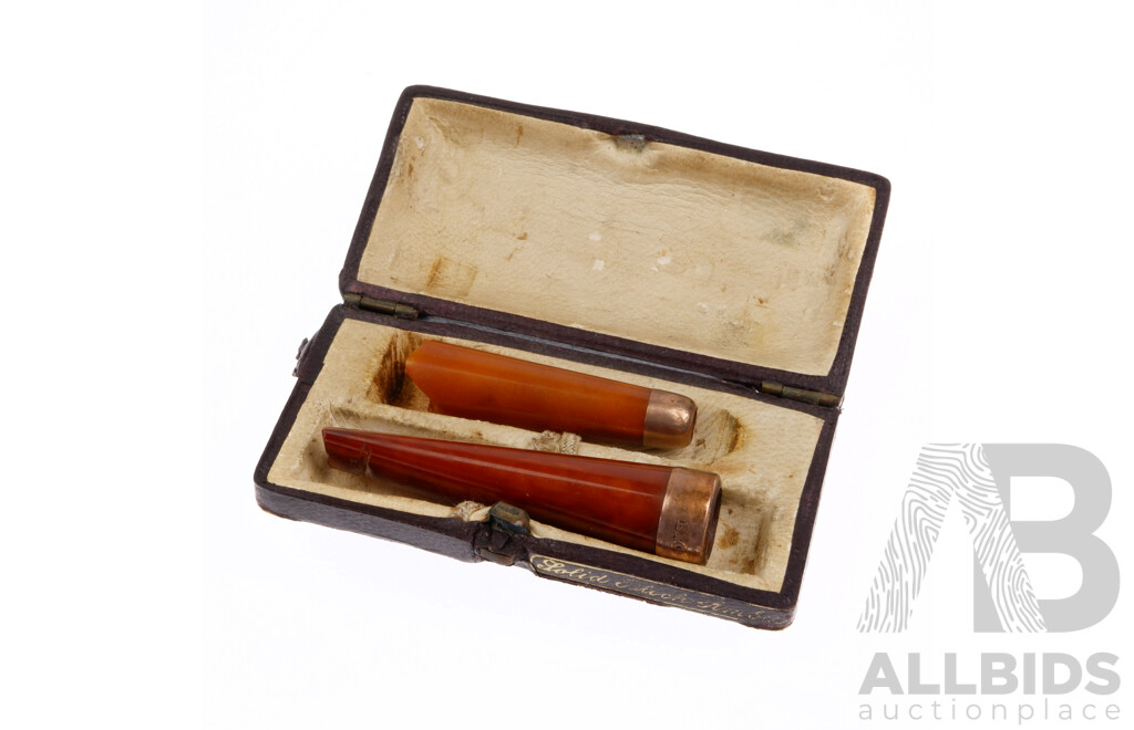 Antique 9ct Carved Amber Cigar & Cheroot Holders in Case, Birmingham 1907