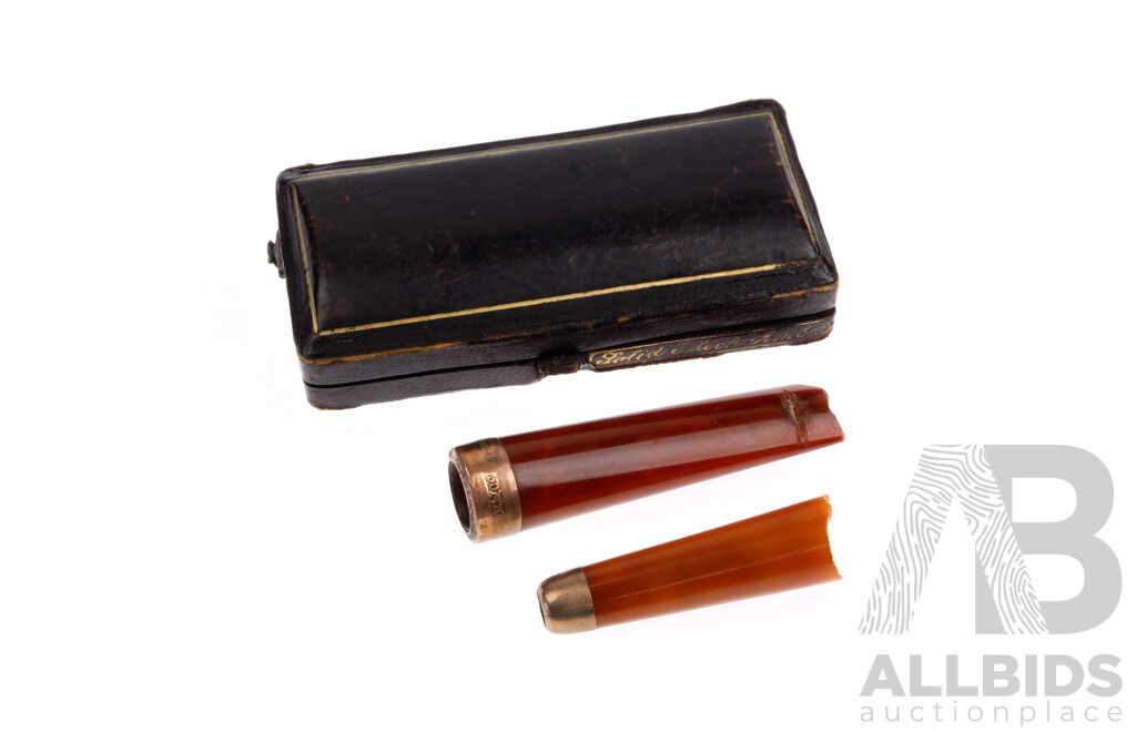 Antique 9ct Carved Amber Cigar & Cheroot Holders in Case, Birmingham 1907