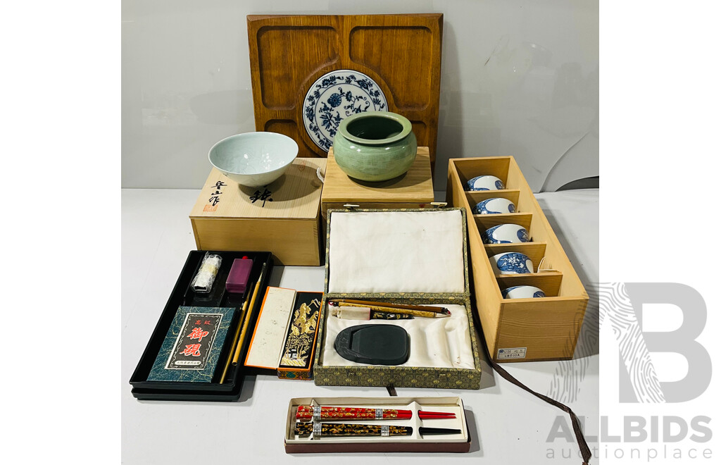 Collection of Japanese Souvenir Ware Including Art Supplies, Stoneware Bowls and More