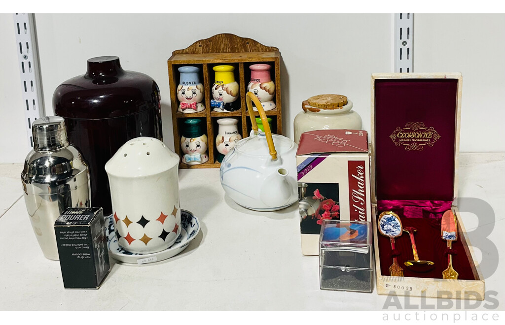 Collection of Porcelain and Other Kitchenware Including Decorative Spice Containers, Cocktail Shaker, Rolling Pin and More