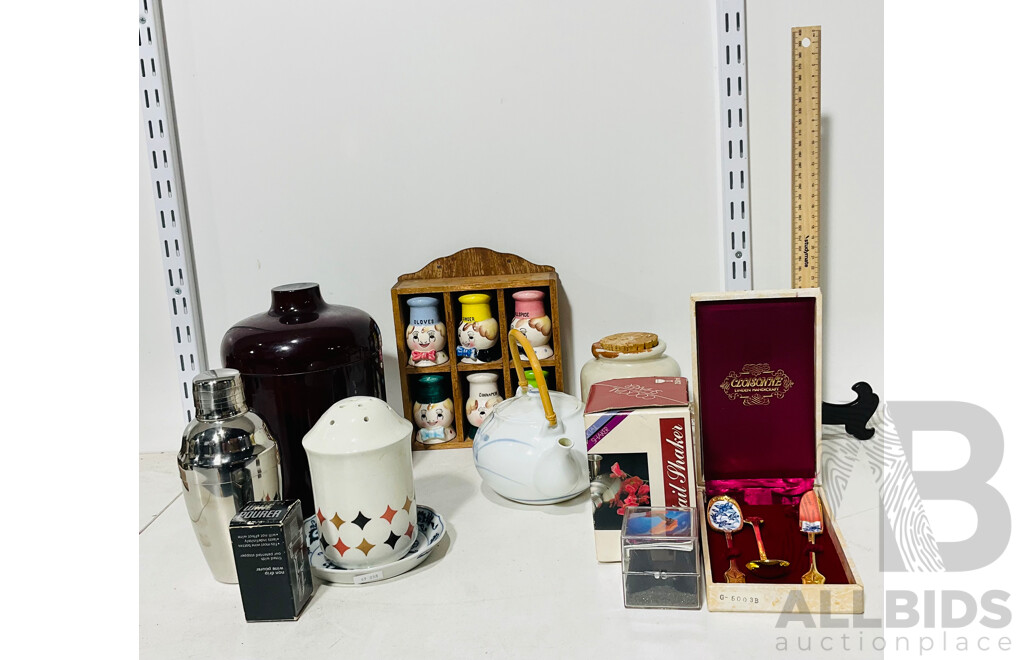 Collection of Porcelain and Other Kitchenware Including Decorative Spice Containers, Cocktail Shaker, Rolling Pin and More