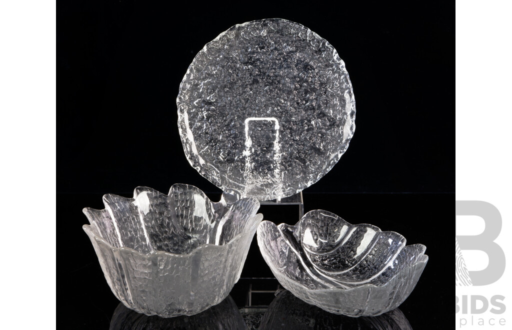 Collection Three Pieces Mid Century Art Glass Including Two Orrefors Leaf Form Examples by Lars Hellsten and More