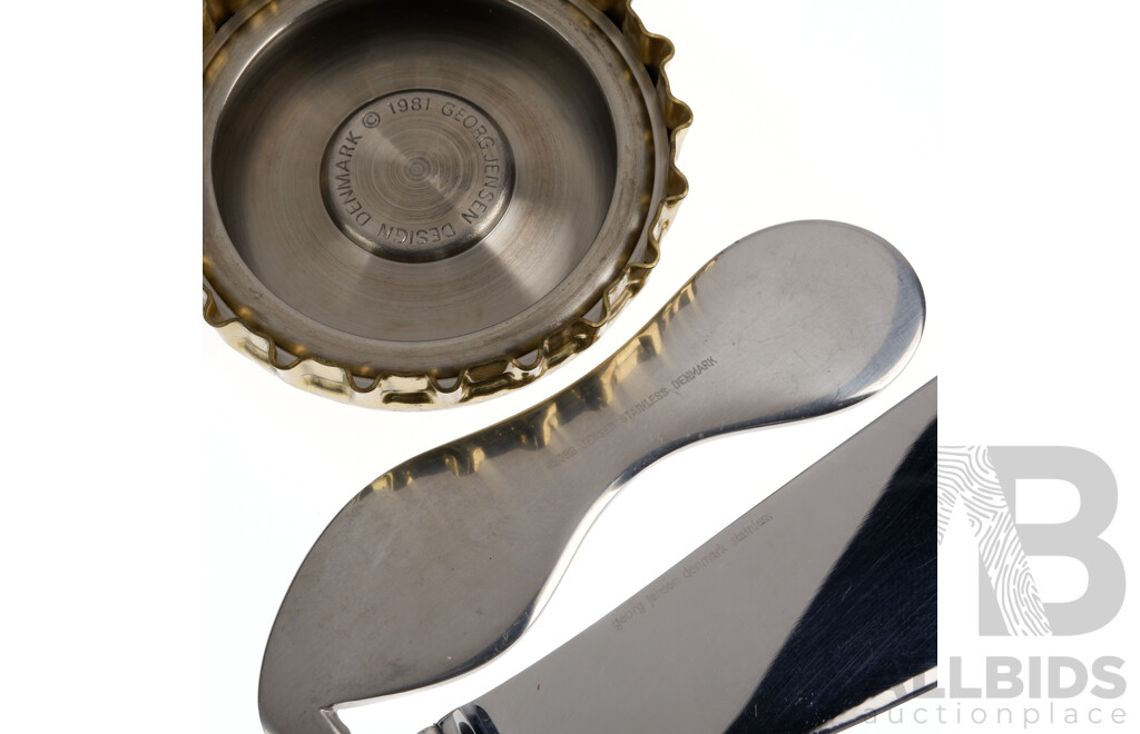 Collection Retro Georg Jensen Stainless Steel Pieces Comprising Bottle Opener, Slide and Novelty Bottle Top From Georges Melbourne